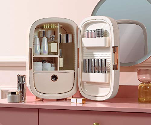 Image of Cooluli Beauty Mini Fridge with Mirror - Small Compact Refrigerator for Skincare, Makeup and Cosmetic Products Storage - Interior LED Lights - for Women & Girls Bedroom (12L - White Mirror)