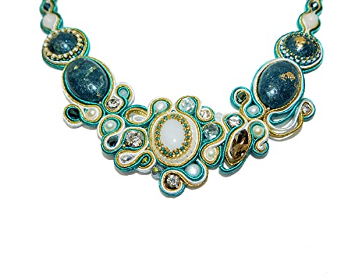 Bead Embroidered Soutache Bib Necklace With White Jade, Epoxy Resin Cabs, Freshwater Pearls. Turquoise Gold Statement Collar Gift Idea For Her #TOP3