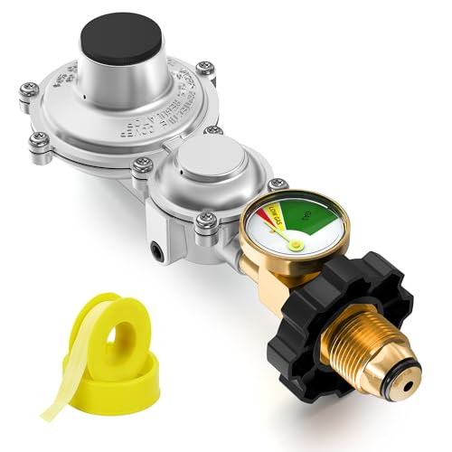 NUPICK Two Stage Propane Regulator with Gauge RV Gas Regulator with POL Inlet X 3/8 Female NPT Outlet Supports 20-100 Lb Tank for RV BBQ Grill Heater Generator and Outdoor Appliances