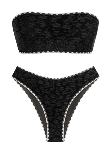 Image of ZAFUL Women's High Cut Bandeau Bikini Set Strapless Solid Color 2 Pieces Bathing Suit Swimsuit