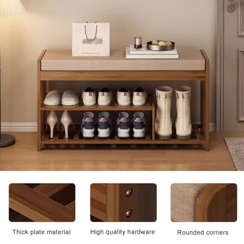 Banco zapatero de madera natural para entrada de 3 niveles 7