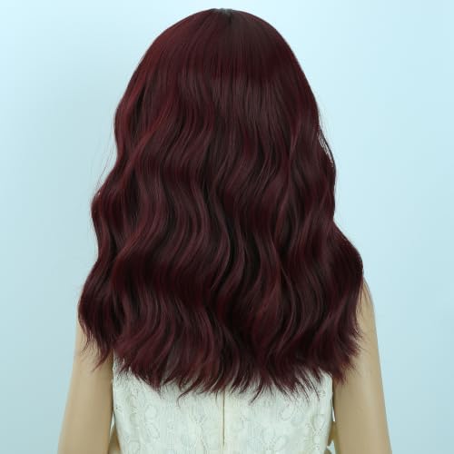 Image of Deep Red Wig Girls Short Red Wavy Curly Wigs Wig with Air Bangs Synthetic Cosplay Hair Wigs