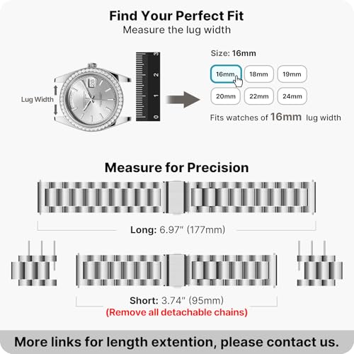 Image of Fullmosa 16mm Stainless Steel Watch Band, Quick Release Metal Replacement Strap with Removable Links, Includes Spring Bars & Link Removal Tool for Men Women (Silver)