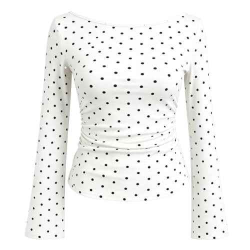 Polka Dot Top For Women Bell Long Sleeve Boat Neck Fall Cute Going Out Tops - image 3