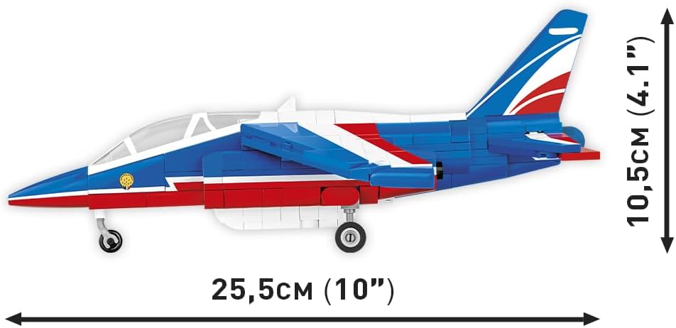 Side view of assembled COBI Alpha Jet with dimensions