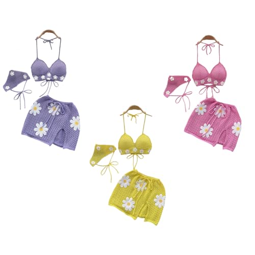 Elegant Swimsuit Set Crocheted Coverups Skirt Hollow Out Top And Headscarf For Fashion Women Girls3