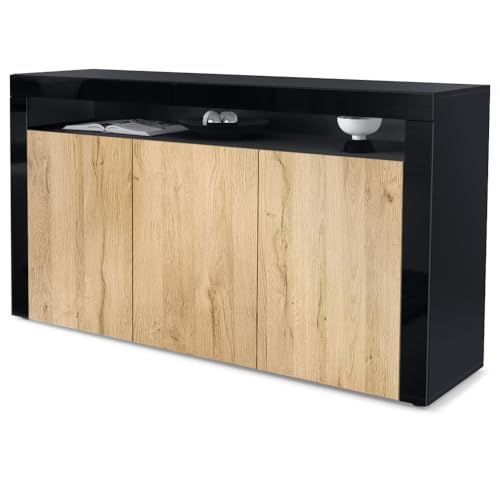 Vladon Buffet Valencia, Commode avec 3 Portes et 1 Compartiment Ouvert, Noir Mat/chêne Nature/Noir Haute Brillance (155 x 92 x 40 cm)