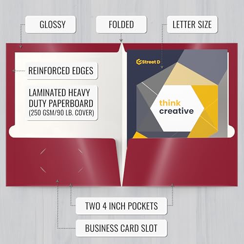Image of Better Office Products 2 Pocket Glossy Laminated Burgundy Red Paper Folders, Box of 25, Letter Size, Burgundy Red Paper Portfolios