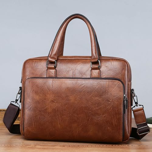 Mens Laptop Bag 16.1 Inch Waterproof Vintage Leather Briefcase Computer Messenger Handbags Shoulder Bag (Khaki)2