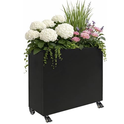 Hlplenn Tall Rectangular Metal Planter Box（36''L x 11''W x 30''H） with Wheels, Large Outdoor Rolling Planter for Patio & Garden, Modern Black Steel Planter Boxes Outdoor with Locking Casters