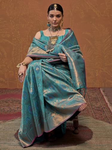 Image of SWORNOF Womens Kanjivaram Silk Saree with Zari Woven Saree With Blouse Piece