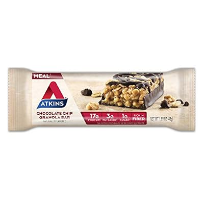 Atkins Chocolate Chip Granola Protein Meal Bar, High Fiber, 17g Protein, 1g Sugar, 3g Net Carbs, Meal Replacement, Keto Friendly, 8 Count