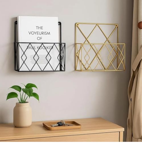 Image of Hanging File & Magazine Holder - Wall Mounted Metal Organizer for Newspapers, Documents & Office Storage | Decorative Black Wall Rack for Home & Workspace (Black+Golden)