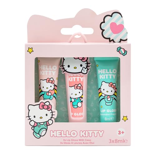 Hello Kitty Lip Gloss Set for Kids with Silicone Carry Case | 3 x 8ml Flavoured Lip Glosses | Strawberry Watermelon & Peach | Childrens Beauty Gift Set