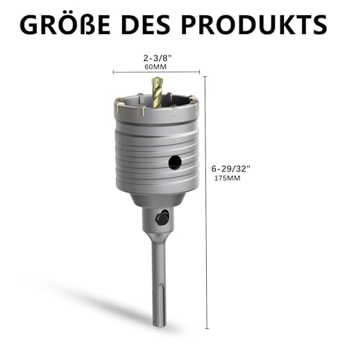 METOTY 60mm Bohrkrone Hohl Lochsäge-dosenbohrer，mit SDS Plus Adapter 110 mm Bohrkrone Steckdose，für Mauerwerk, Ziegel, Beton, Zement, Stein Concrete hole saw