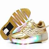Ehauuo Unisex Kids LED Light up Retractable Roller Skate Sneaker Flashing Wheel Shoes for Girls Boys(1.5 M US Little Kid, A-Golden)