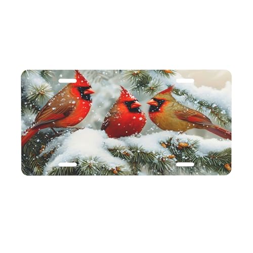 License Plate, Christmas Cardinal Snow Fir Novelty Vanity Tag with 4 Holes for Men Women, Aluminum Metal Decorative Front Car Plate Car Tags Auto Accessories for Trucks, SUVs, 6×12 Inch,A-998