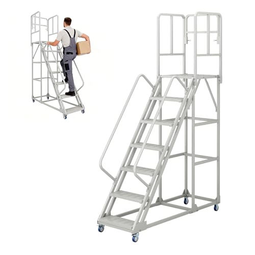 Image of 7 Step Rolling Ladder with Handrails, Industrial & Warehouse Stairs with Wheels, 1500LBs Capacity Non-Slip Platform Ladder for Garage, Library, Supermarket, 23.9 inch L X 64 inch W X 102.6 inch H