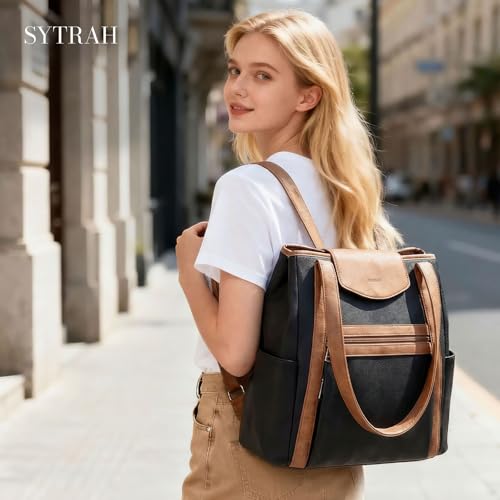SYTRAH Laptop Bag for Women Designer Leather Laptop Backpack Purse, 16 inch Computer Tote Bags for Work Travel with Satchel Purse Black Brown by SYTRAH - Image 3