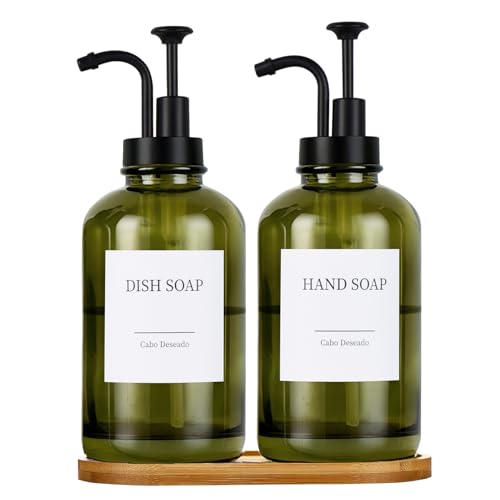 Glass Soap Dispenser with Pump, Dish and Hand Soap Dispenser for Kitchen Bathroom Set, Clear Glass Dispenser Set of 2 Pack with 18 Stickers Funnel Bamboo Tray 500ml 18oz Green