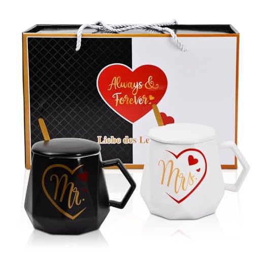 Wisebom Juego de Tazas Mr y Mrs de Cerámica para Parejas - Regalo Ideal para Bodas, San Valentín, Cumpleaños - 2 Tazas con Tapa y Cuchara (400ml)