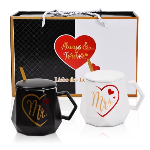 Wisebom Canecas de Sr. e Mrs de cerâmica conjunto de canecas para casais Sr. e Sra. presente para casal nupcial conjunto de 2 chávenas com tampa e colher presente ideal para casamentos, dia dos