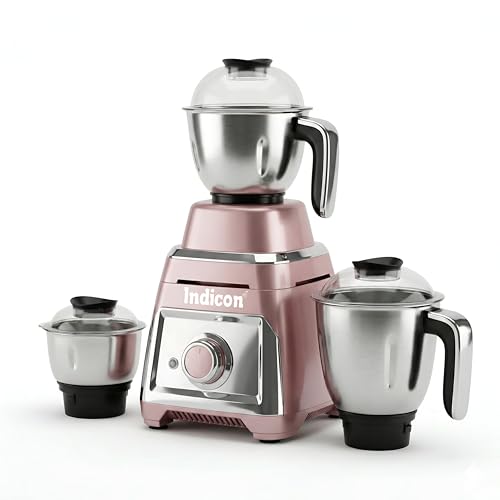 Image of indicon Thar 1HP (1000 Watts) Mixer Grinder, 3 Jars, Black | Heavy Duty Copper Motor for Grinding, Blending & Mixing | Stainless Steel Blades, Multi-Speed, Durable Kitchen Power Tool (Rose Gold)