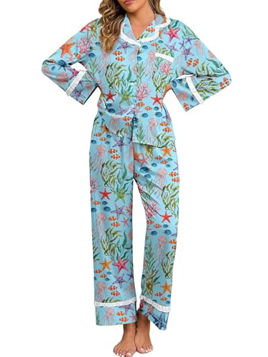 Image of Jusfitsu Women's Silk Satin Pajamas Long Sleeve Ruffle Button Down Pjs Sets