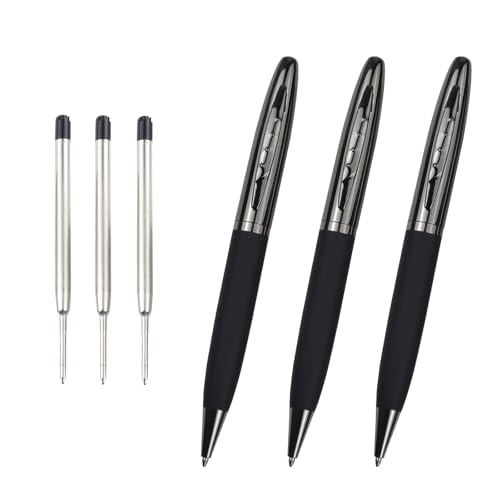 YUNCHUN 3PCS Ballpoint Pens for Smooth Writing, Medium Point Ball Pens with 3 Extra Refills, Business Professional Pens for Work, Refillable Metal Pens for Journaling, Retractable Black Ink Pen, Black
