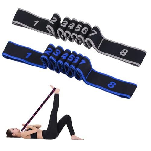Flyicloud 2 Stück Yoga Stretching Band, Fitnessband mit 8 Schleifen, Yogagurt Dehnungsband, Yoga Stretch Gurt Resistance Bands für Fitness, Pilates, Tanztraining
