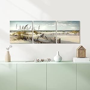 Beach Canvas Wall Art Decor: 3 Pieces Bedroom Coastal Picture Seaside Pathway Artwork Seascape Fence Painting Print for Bathroom (12x12) Beach Canvas Wall Art Decor 3 Pieces Bedroom Coastal Picture Seaside Pathway Artwork Seascape Fence Painting Print for Bathroom 12×12