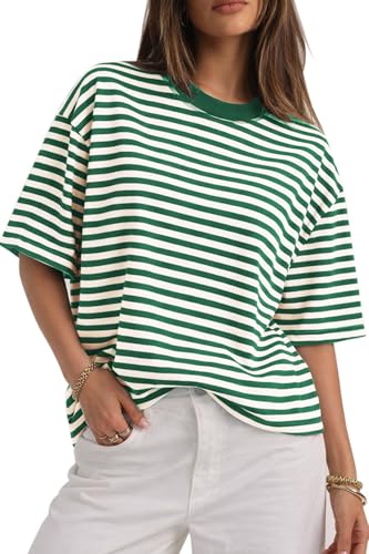 CHYRII Womens Oversized Striped T Shirts 2026 Fashion Short Sleeve Casual Crewneck Tops Summer Y2K Clothes (Green M)