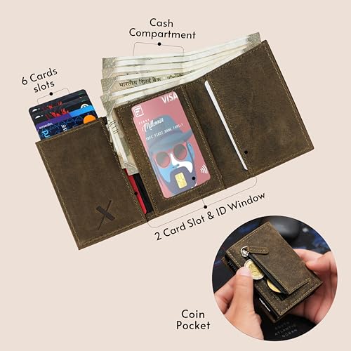 Image of The X Project Genuine Leather Wallet for Men | RFID Blocking Slim Bifold Wallet | Quick Card Eject Mechanism | Coin Pocket & ID Window | Premium Gift Box | Bold Skull Design (Greenish Brown)