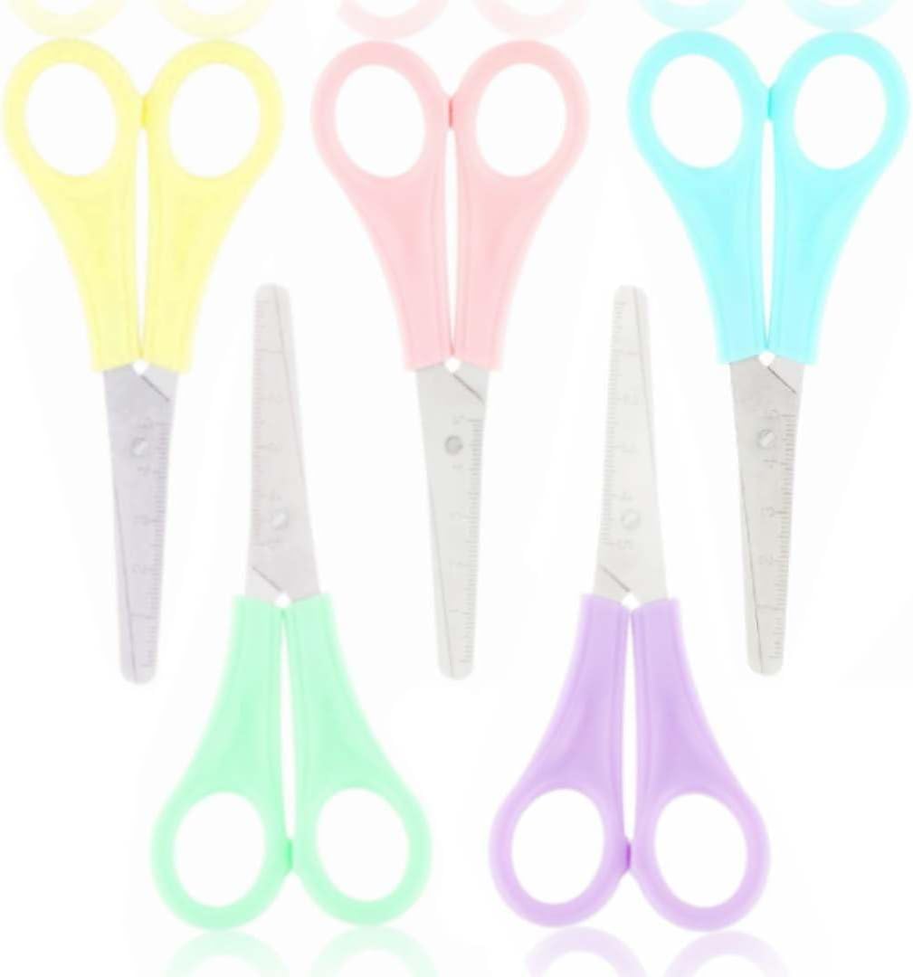 Bay-Bay Red Pastel School Scissors 1X 5X 10X Pack Plastic Handles Stainless Steel Blades Ruler Safety Blunt Rounded Ends 130Mm Children Kids Pink Purple Blue Green Yellow Craft (5 Pair Pack)