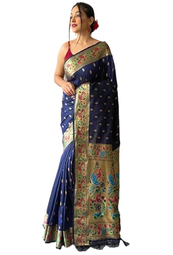 Image of SGF11 Women's Paithani Soft Lichi Silk Kanjivaram Sarees With Blouse Piece (Dark Blue)