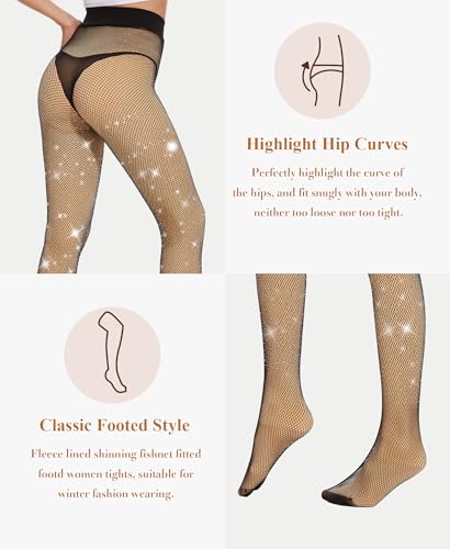 RISSCAN Fleece Lined Tights for Women Opaque Warm Control Top Pantyhose Thermal leggings Stirrup Footed Tights for Winter(250g Sparkly Fleece Lined Fishnet Footed,XL)4