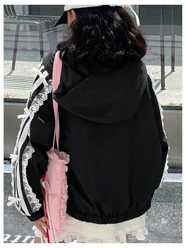 MakeMeChic Girl's Lace Bow Knot Striped Jacket Long Sleeve Hooded Zip Up Y2K Coat Outerwear3