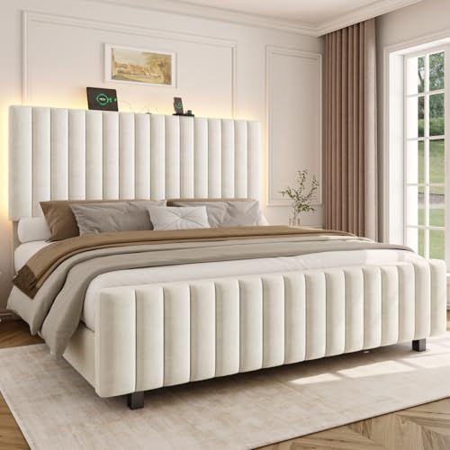 Otevehde 50 Tall Full Size Bed Frame with Adjustable Headboard Upholstered Platform Full Bed Frame with Charging Station & LED Lights Modern Luxury Velvet Tufted Bed No Box Spring Needed Beige