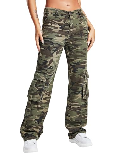 Floerns Women's Camo Print Straight Leg Jeans Flap Pocket Cargo Pants