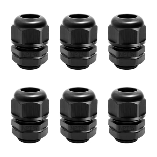 Cable Gland Waterproof, 6Pcs 3/4" Nylon NPT Cable Gland, Black