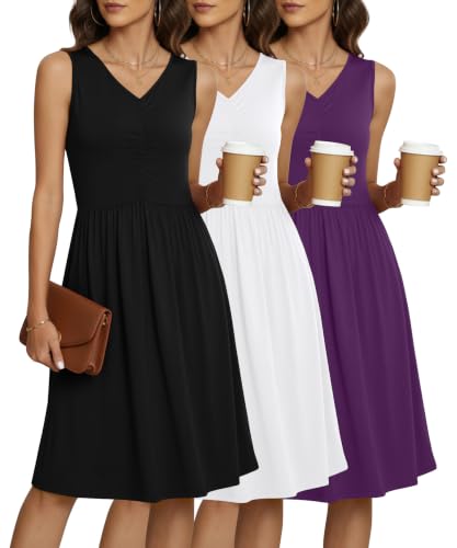 Image of NILOUFO Sleeveless Dress for Women Summer Knee Length Sundress with Pockets | Sundresses for Women Tank Empire Waist Sun Dress Cold Shoulder Casual V Neck Midi Dress Flowy Summer Dresses for Women