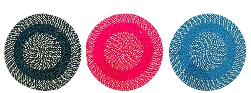 Image of Cotton Round Doormat for Entrance|Handmade Cotton Doormat | Quick Dry, Washable Door Mat for Home, Bathroom & Bedroom - 16 Inch Small (Green-Pink-Sky-3)