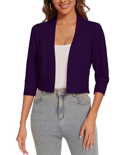 Image of Women 3 /4 Sleeve Cropped Cardigan Lightweight Casual Open Front Bolero Shrug Sweaters