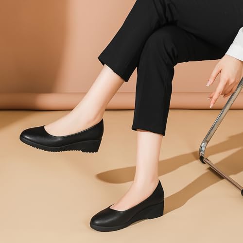 Women's Leather Slip-On Wedge Pumps Comfortable Round Closed Toe Low Wedge Heel Casual Work Office Platform Dressy Shoes4