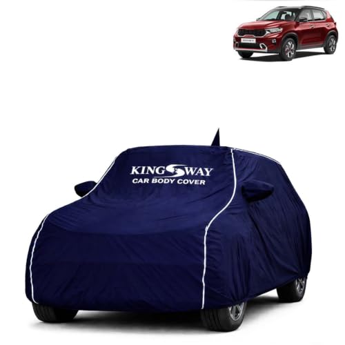Image of KINGSWAY Super Waterproof Car Cover Only with Kia Sonet (Year 2020 to 2024 - All Model) | Mirror and Antenna Pockets | All Weather Car Body Cover with Silver Piping | Blue