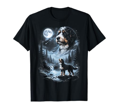 Bernedoodle Howling to the Moon Retro 90's Doodle Dog T-Shirt