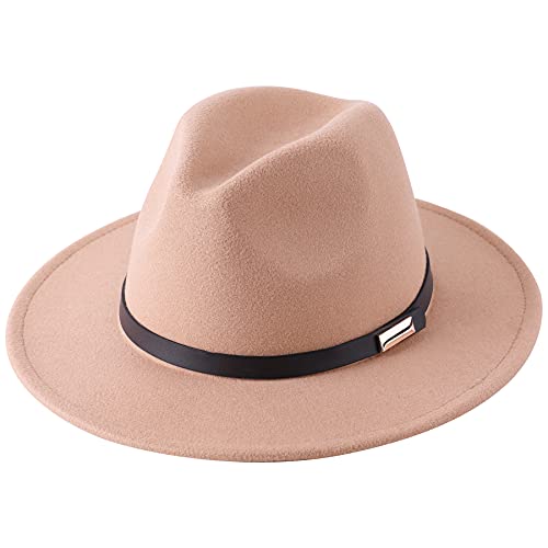 Lanzom Women Lady Retro Wide Brim Floppy Panama Hat Belt Buckle Wool Fedora Hat Fit Size 6 8/7-7 1/4(01-Camel, One Size) #TOP12