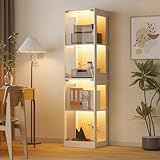 Grepatio Glass Display Cabinet, 4-Tier Display Cases for Collectibles, Curio Cabinet with RGB Lights, Glass Bookcase Shelf Display Kids Toy Cabinets for Collectible, Living Room, Playroom (White)