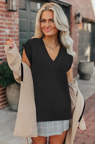 Image of Arach&Cloz Womens Sweater Vest 2024 Fall Winter Knitted V Neck Oversized Casual Cap Sleeve Pullover Tank Tops