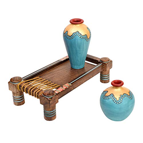 Image of Aakriti Art Creations Terracotta Vases Set of 2 with Wooden Chowki Stand, Turquoise Blue with Golden Glaze, Matte Finish Abstract Flower Vases for Living Room Decor, Table Decor